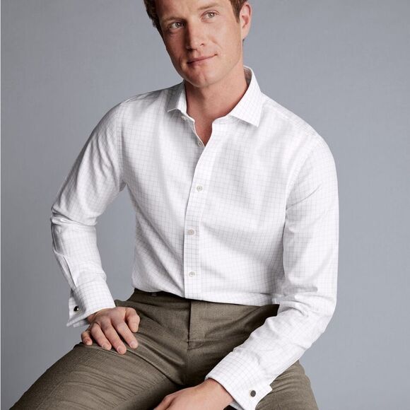 Charles TYRWHITT Spread Collar Non-Iron Clifton Weave Check SilverGrey 16.5 Nwt - Picture 1 of 9